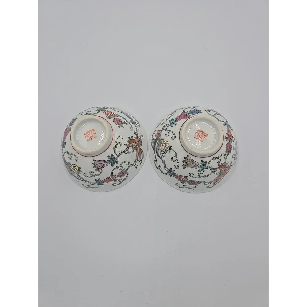 Vintage Chinese Porcelain Bowls Hand Painted Butterfly Squash Blossom‎ Set/2